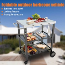 Folding Outdoor Grill Cart with Wheels, 3-Shelf Grill Table with 27x18 in Stainless Steel Top, Rolling Pizza Oven Stand, Metal Portable Cart for BBQ Patio Camping